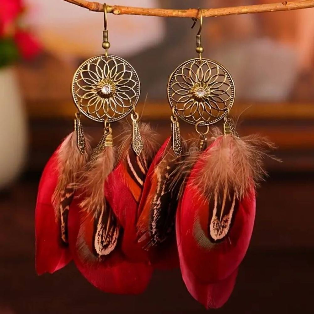 Boho Red Feather Tassel Rhinestone Earrings